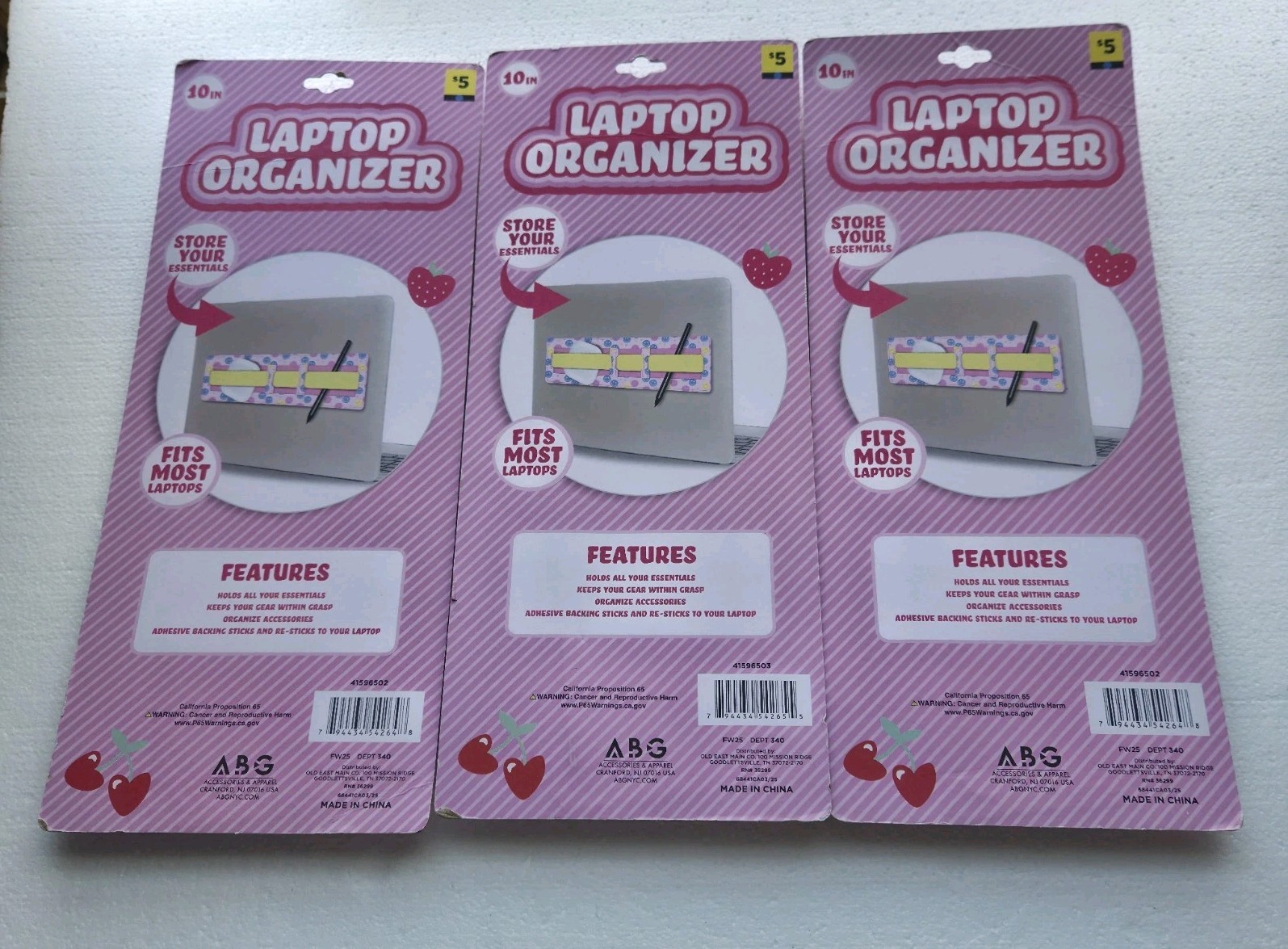 3 Removable Adhesive Laptop Organizers 10-In Tech Pouches Smiley Face Dorm Room