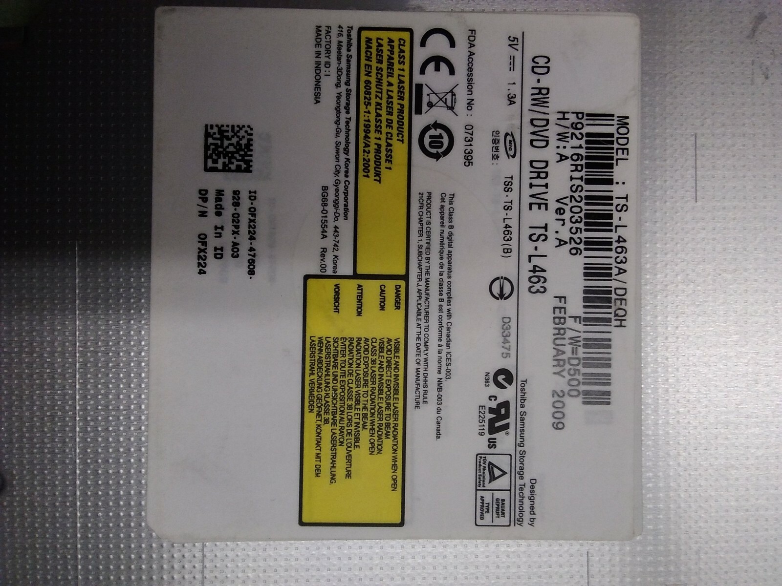 Dell Toshiba TS-L463A/DEQH CD-RW DVD ROM ReWritable Optical Drive