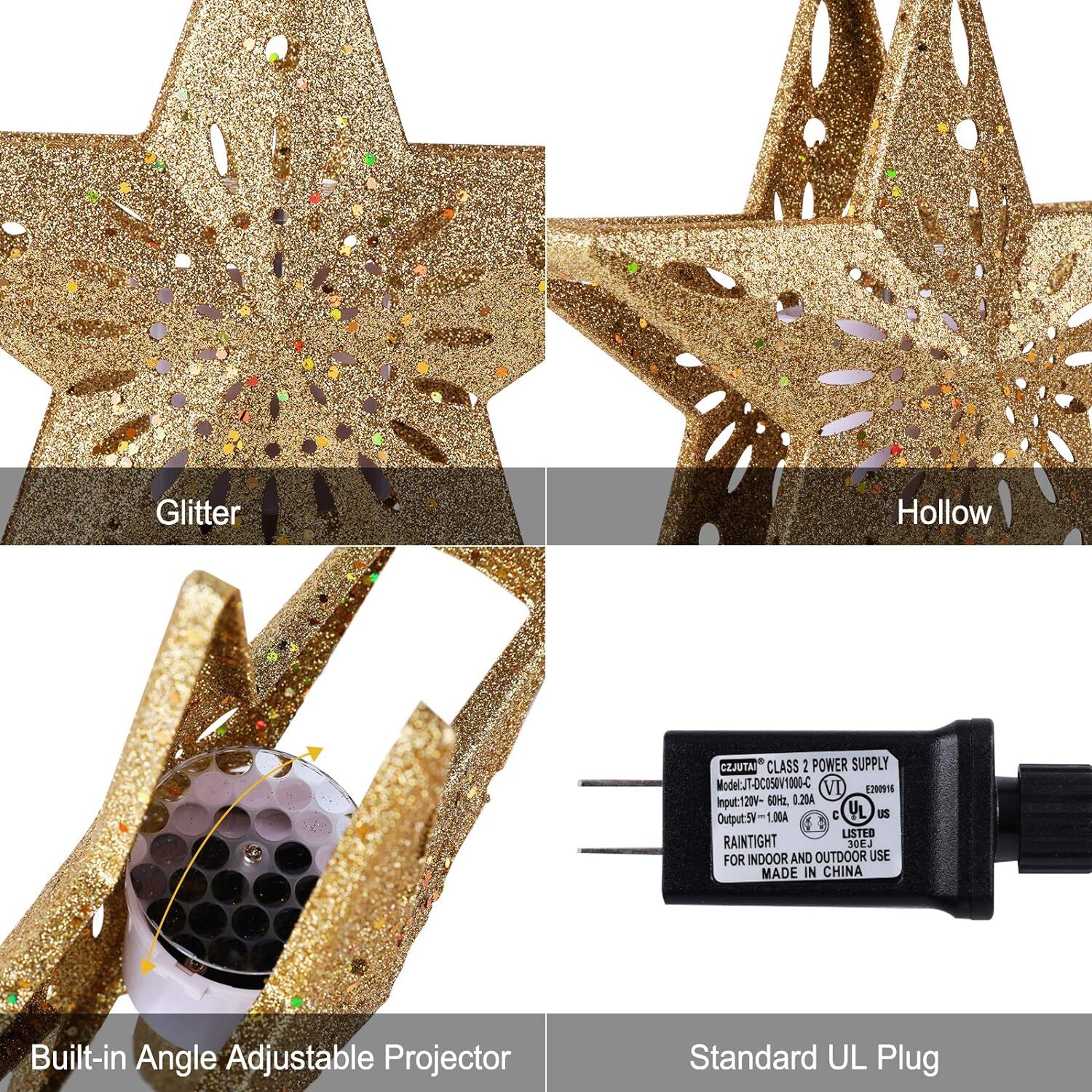 Christmas Star Tree Topper with Built-in Led Snowflake Projector Lights Hollowed