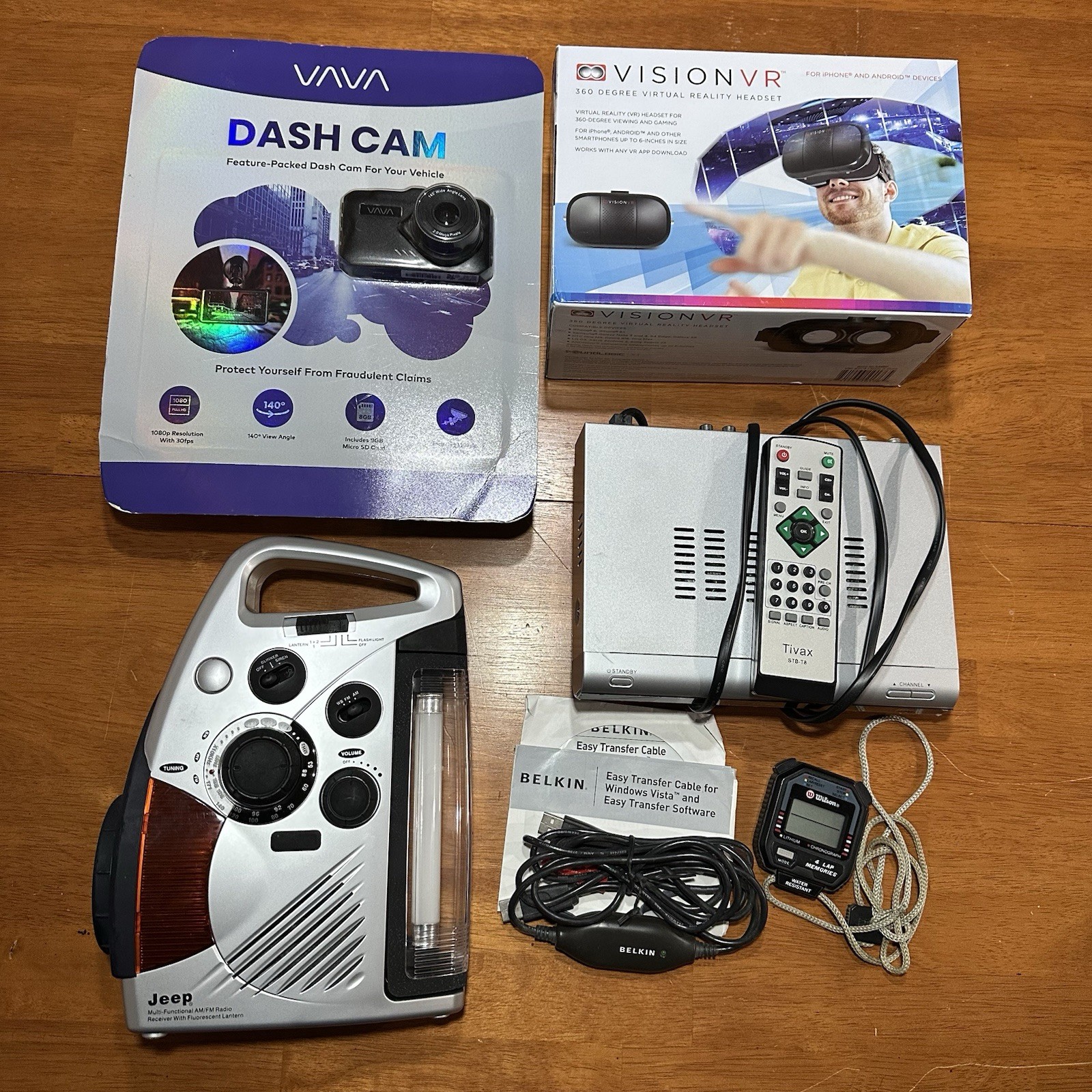 Random Lot of Mixed Electronics – Dash Cam, VR Headset, Jeep Flashlight Radio