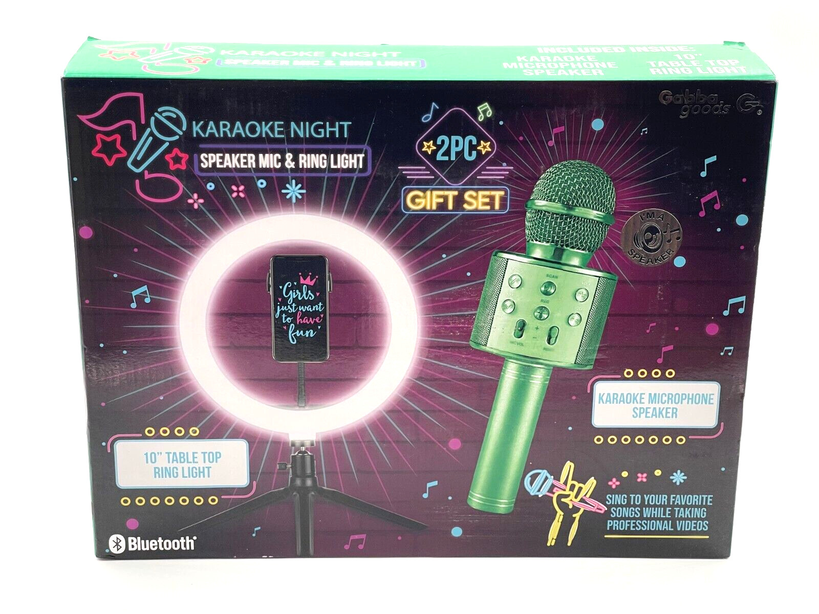 GABBA GOODS Karaoke Set, Mint – Karaoke Mic Speaker with 10″ Ring Light