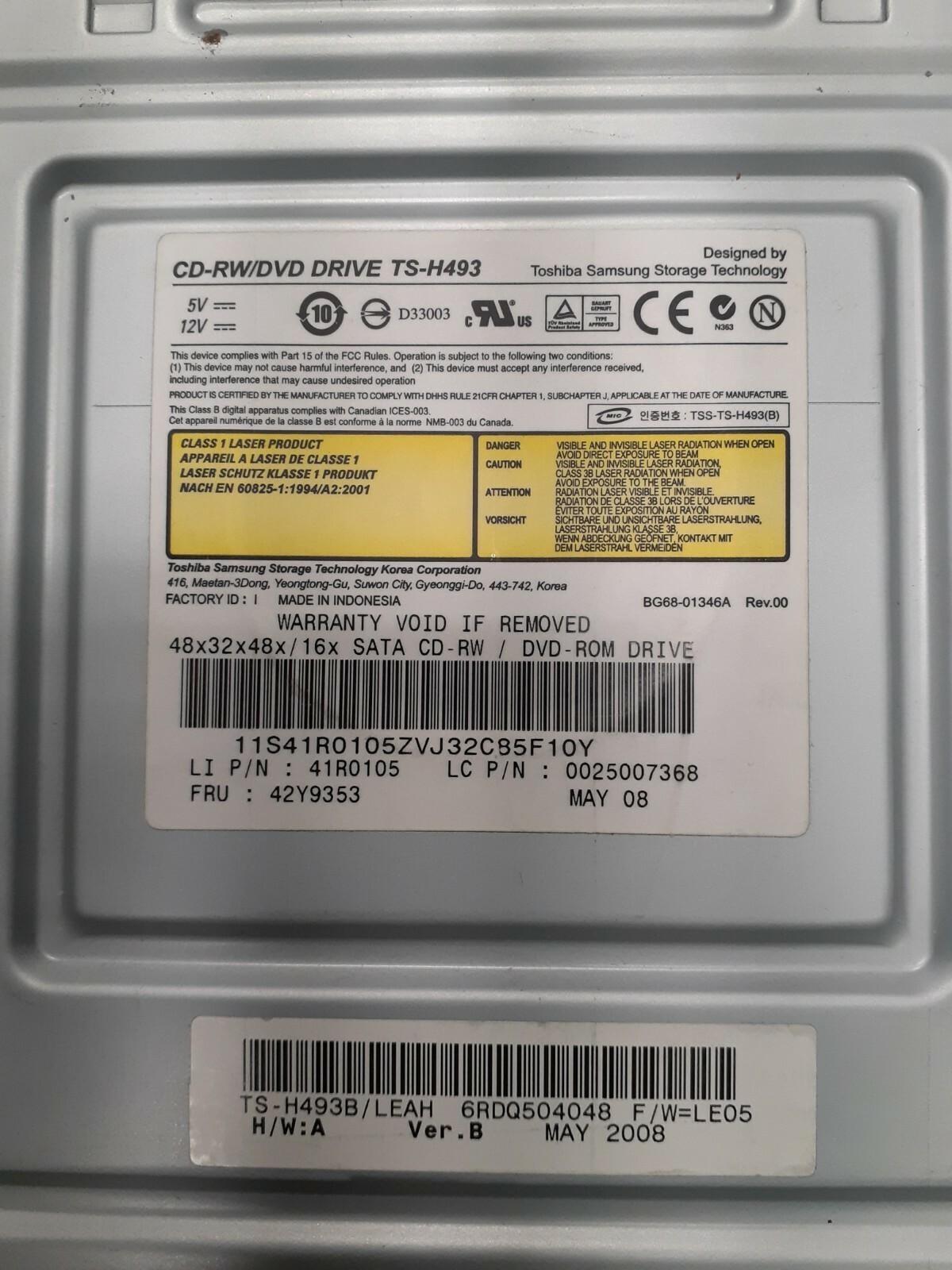 (2) TOSHIBA SAMSUNG TS-H493B/LEAH CD-RW DVD DRIVE VER B 41R0105 42Y9353 REV 00