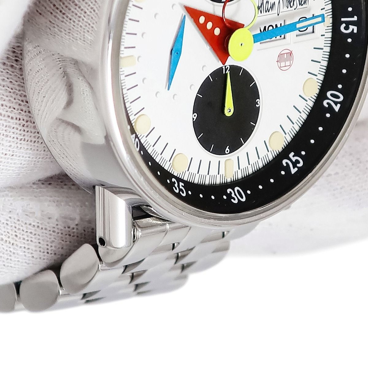 Alain Silberstein LWO5100 Chrono Bauhaus Day Date White Silver Watch Authentic