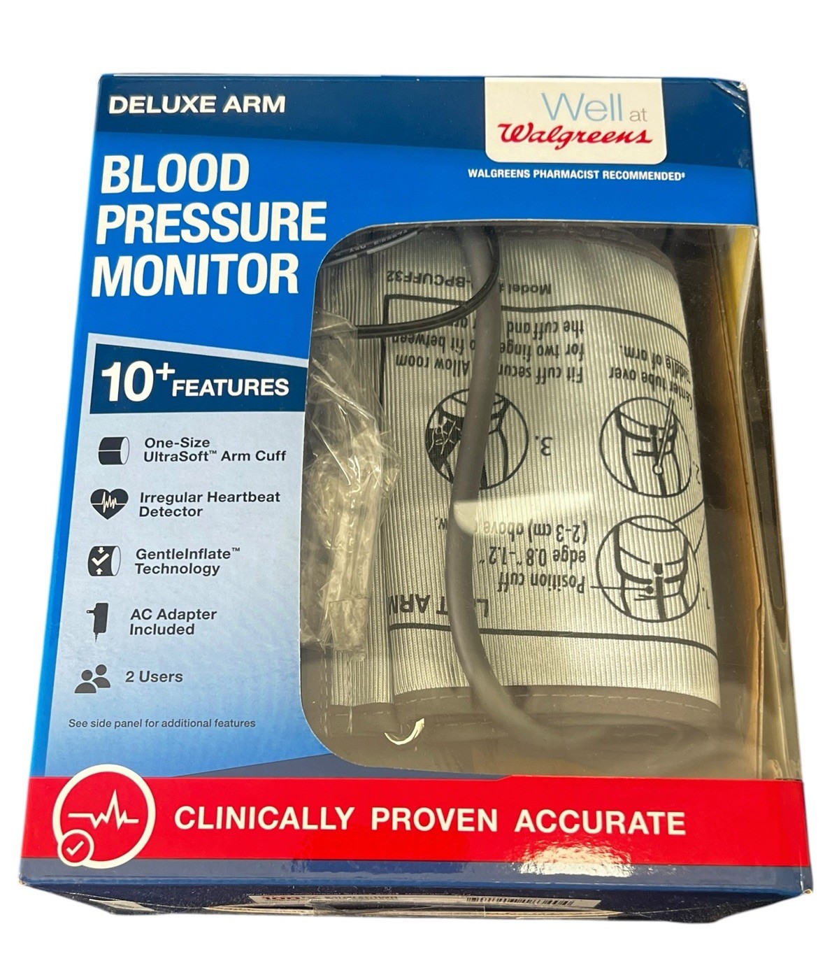 Walgreens Deluxe Arm Blood Pressure Monitor WGNBPA-740 Extra Large Display Cuffs