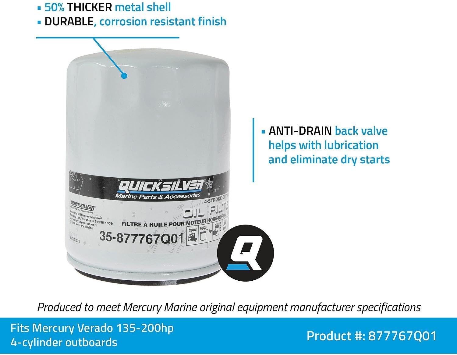 Quicksilver 877767Q01 Oil Filter for Verado Inline 4-Cylinder 135-200hp Outboard