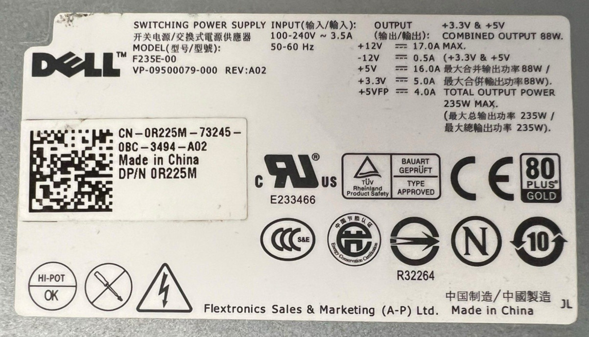 Genuine Dell Optiplex 760 780 960 SFF 235W Power Supply F235E-00, R225M