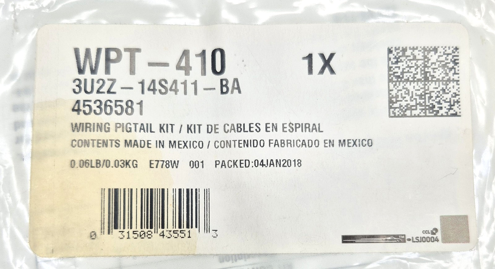 Ford Wire Pigtail Assembly 3U2Z14S411BA / Motorcraft WPT-410 *New / Sealed*