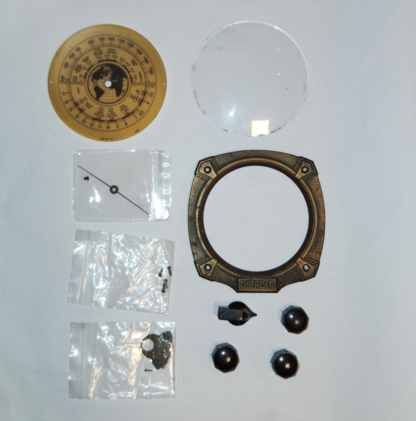 Detrola 5W Radio Eschutcheon Faceplate Knobs Bezel Dial Glass Pointer 1935 1936
