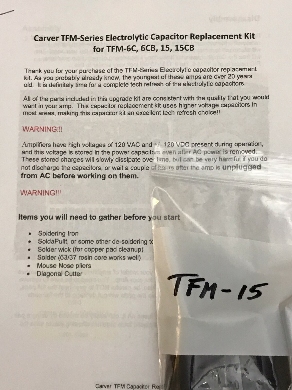 Complete Tech Refresh / Repair Cap Kit for CARVER TFM-15 or TFM-15CB