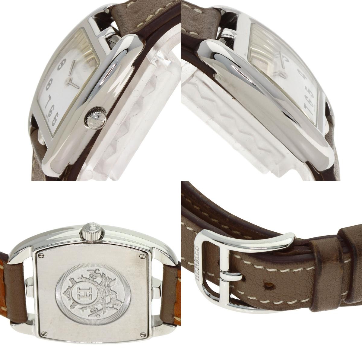 HERMES Cape Cod Watch Double Tour SS Leather Etoupe Quartz Square Woman w/Papers