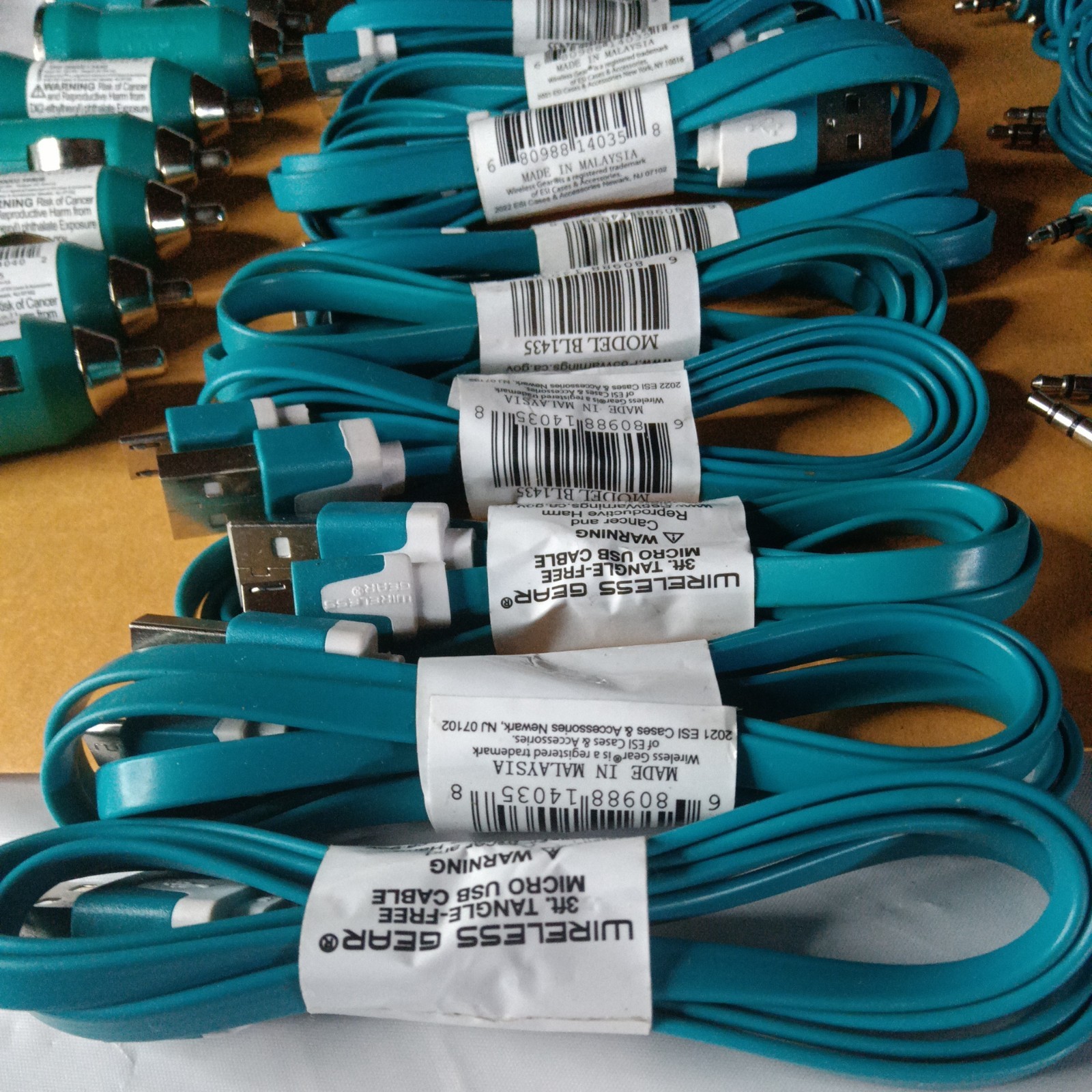 HUGE 48pc. TEAL ELECTRONICS LOT.Car Chargers, Micro USB, AUX cable.RESELLER GOLD