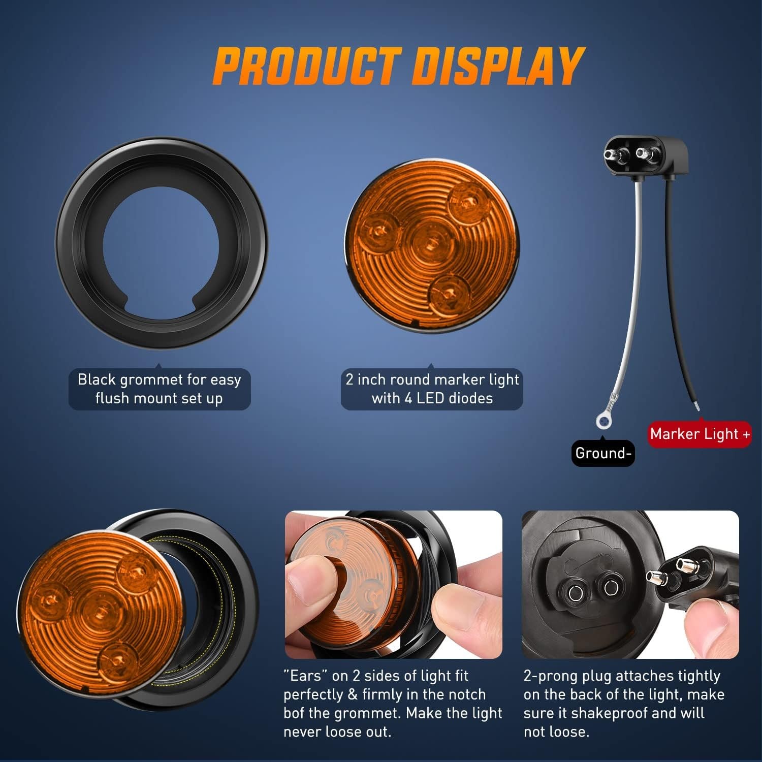 Nilight 5PCS Amber Round Trailer Marker Clearance Light 4 LED Flush Mount with P