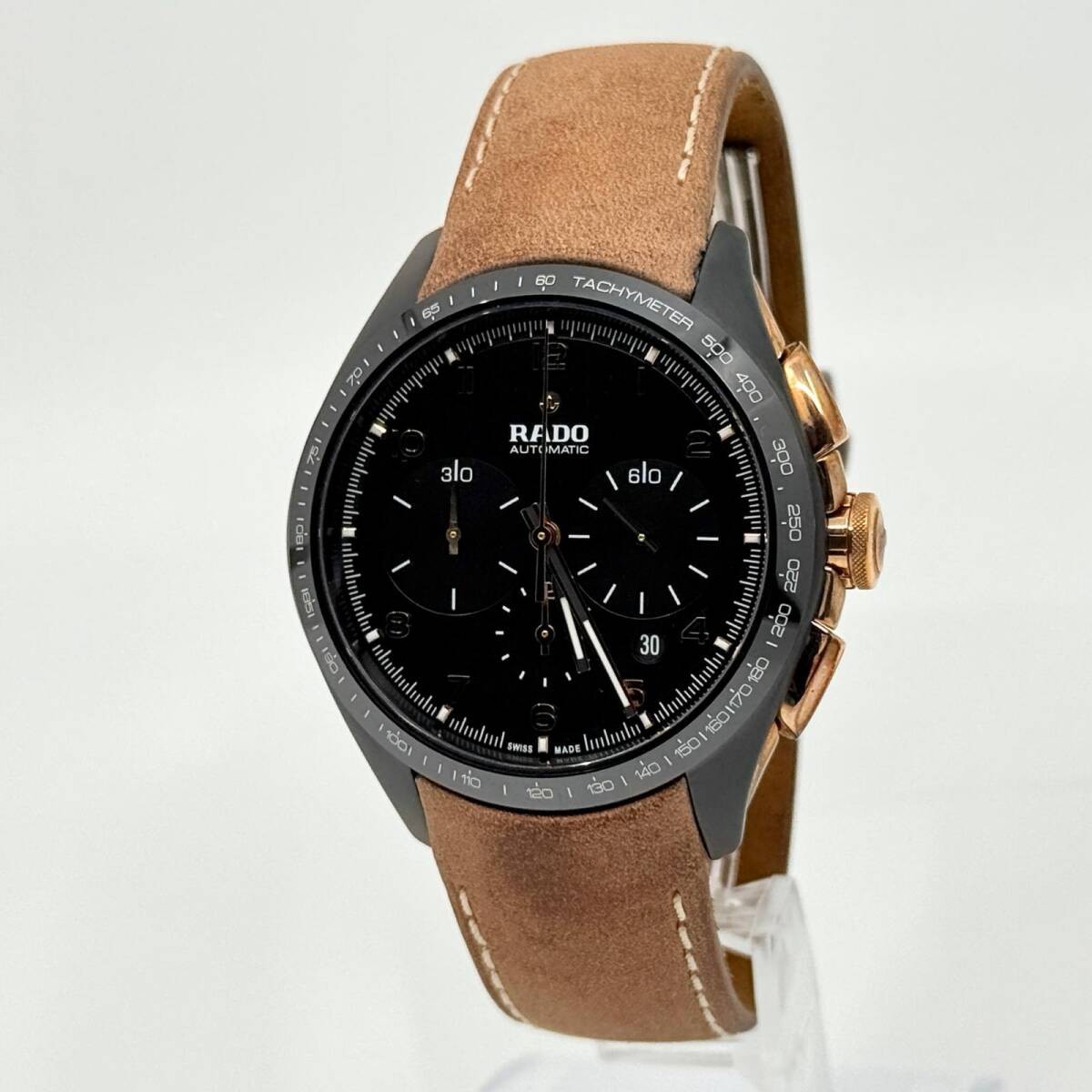 RADO Watch HyperChrome 650.0168.3.001 AT Black Dial Suede Brown Leather Men’s