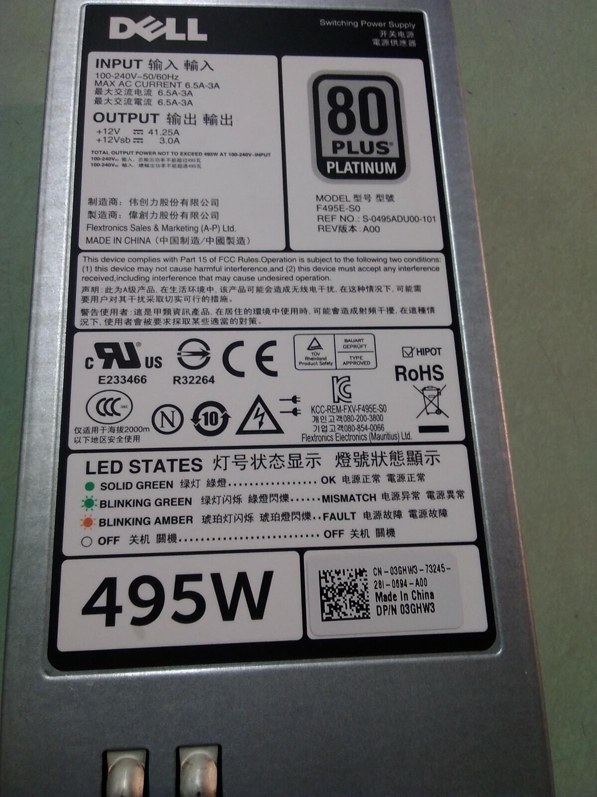 Dell Poweredge 495W PSU Power Supply F495E-S0 3GHW3 S-0495ADU00-101 REV A00