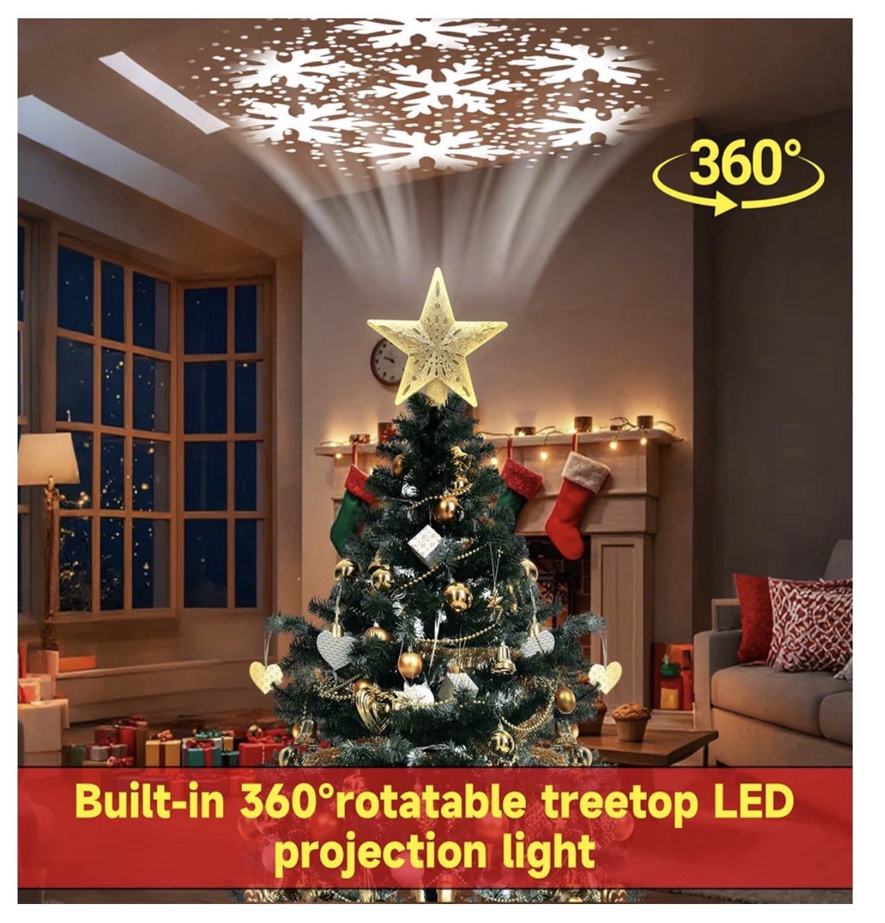 Christmas Star Tree Topper with Built-in Led Snowflake Projector Lights Hollowed