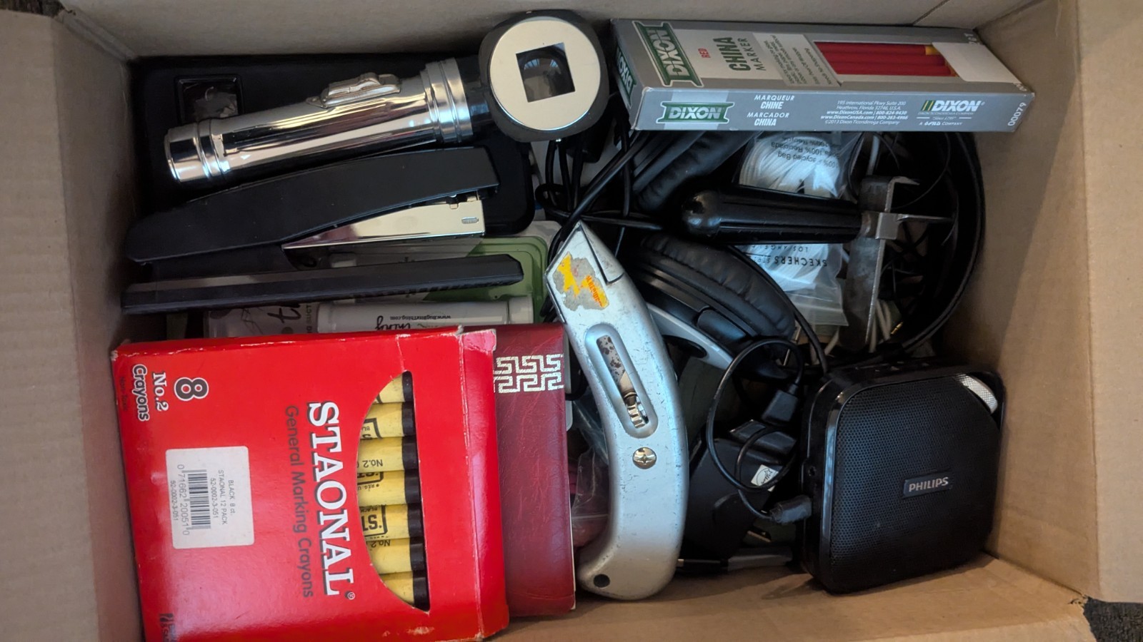 Sony Walkman Mixed Lot w/ Philips Speaker Cables, Berol Refills, Stapler, Etc.