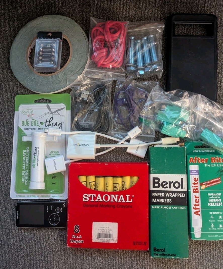Sony Walkman Mixed Lot w/ Philips Speaker Cables, Berol Refills, Stapler, Etc.